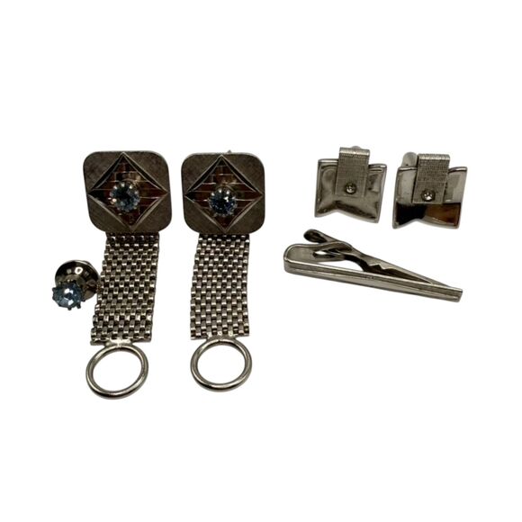 Vintage cuff links tie clips two sets silver toned mens jewelry late 1900s Swank - Picture 1 of 13